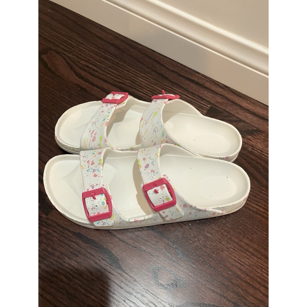 Women’s Paint Splatter Buckle Slides, White Multi, Size 9